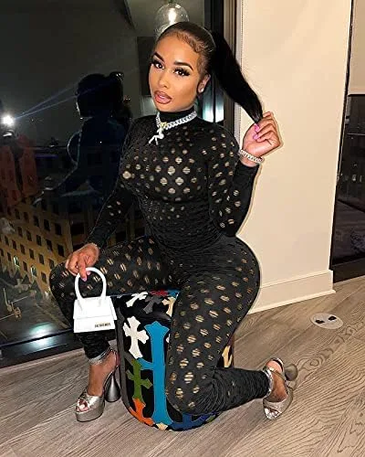 Vista 5 de MENCCINO Conjuntos Sexys de Club para Mujeres Monos de Una Pieza Bodysuits de Manga Larga Bodycon Leggings Conjuntos de Pantalones