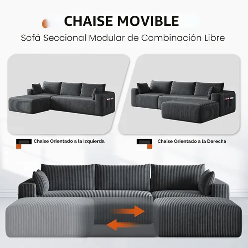 Vista 3 de Sofá modular en forma de nube de 108 pulgadas para sala de estar, sofá sin hueso en forma de L con diván de asiento profundo, no requiere montaje