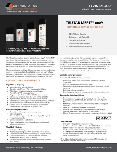 Vista 2 de Morningstar Tristar MPPT 600V Controlador de carga solar con caja
