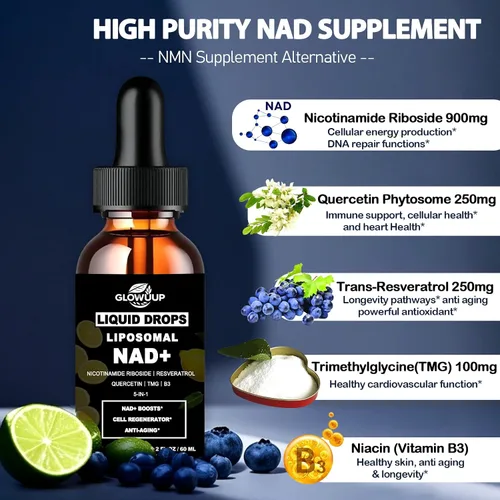 Vista 2 de Suplementos NAD para mujeres y hombres, liposomal NAD nicotinamida ribósido resveratrol 900 mg con vitamina B3 quercetina TMG, resveratrol líquido