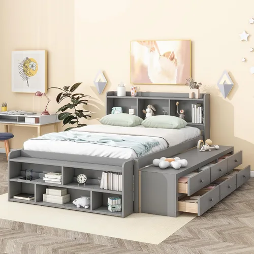 Vista 13 de HomSof Cama individual con 2 cajones, madera maciza, no necesita somier, gris