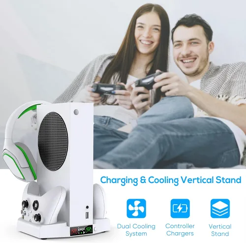 Vista 7 de Soporte de refrigeración vertical para consola Xbox Series S, base de estación de carga dual MENEEA para controlador con ventiladores