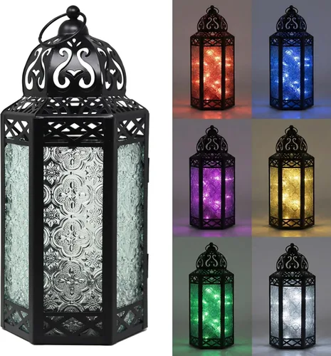 Vista 40 de VELA LANTERNS Juego de 2 portavelas decorativos de LED con luces de hadas de 12" de metal marroquí para colgar o mesa, decoración del hogar