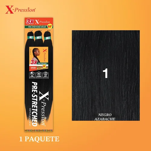 Vista 2 de Sensationnel X-Pression - Trenzas sintéticas prestiradas, 3 unidades, 58 pulgadas, negro azabache 1 Cabello trenzado, Kanekalon, ignífugo