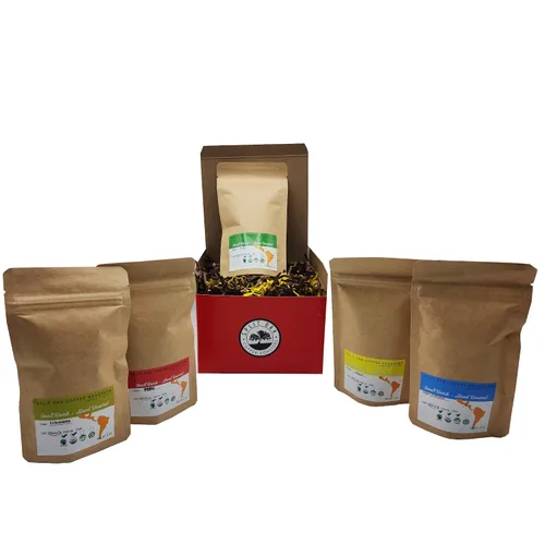 Vista 7 de Paquete de 5 muestras de café Las Américas. Grano entero gourmet orgánico tostado medio con los mejores granos de México, Guatemala, Perú, Colombia