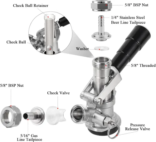 Vista 2 de All 304 Stainless Steel D System Keg Coupler, Beer Tap Coupler with 1/4’’ Beer Line Barb & 5/16’’ Gas Line Barb, Heavy Duty US D Sankey Coupler for