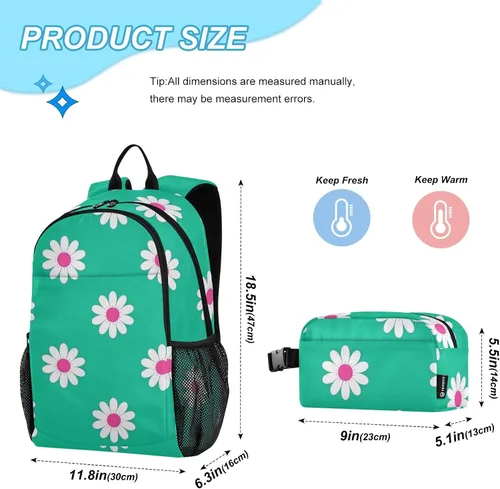 Vista 2 de Daisy Flower Cyan White Book Bag For Boys School Backpacks For Girls With Lunch Box 9-10 years mochilas y loncheras escolares para nias