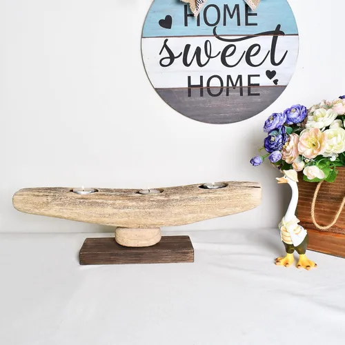 Vista 2 de Candelabro de vela de canoa de madera rústica, soporte de velas votivas con tema de playa, centros de mesa, decoración de chimenea, decoración