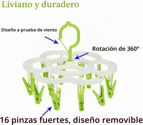 Vista 2 de Perchero de secado de ropa con 16 clips, colgador de goteo para secar ropa interior, ropa de bebé, calcetines, brasier, toalla, pantalones Verde