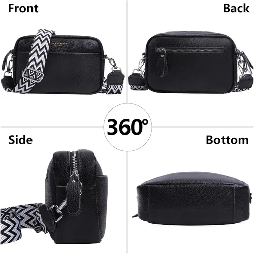 Vista 3 de Bolso cruzado para mujer de cuero genuino con correa ancha, bolso de hombro, bolso de mano, diseño moderno, bolso cruzado para cámara, cierre