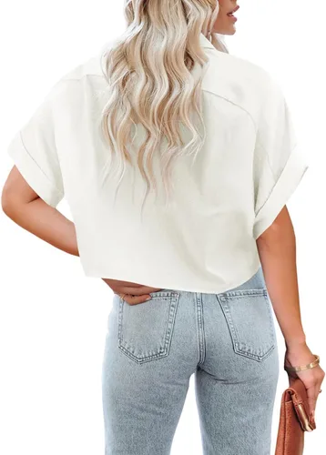 Vista 2 de Tankaneo Camisas cortas con botones para mujer, de manga larga, estilo casual, con solapa, con bolsillo en el pecho
