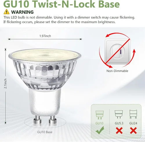 Vista 3 de Sigalux Paquete de 8 bombillas LED GU10, 3000 K blanco cálido, 4.2 W (equivalente a 50 W) no regulable, 350 lúmenes, foco de 35°, bombilla MR16 GU10