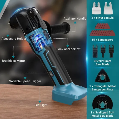 Vista 2 de Herramienta multifuncional oscilante inalámbrica compatible con batería de 18V de Makita (batería no incluida), herramienta oscilante inalámbrica