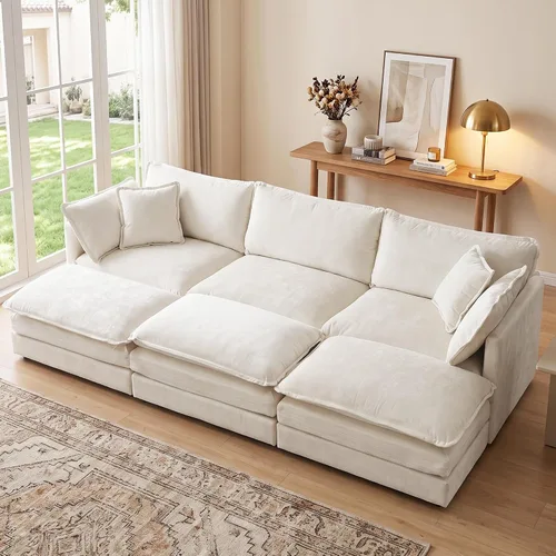 Vista 32 de Sofá individual modular de chenilla con otomana, sofá nube con almohada, color beige