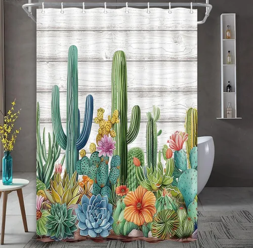 Vista 3 de Cortina de ducha de cactus, plantas tropicales, hojas verdes, suculentas, cactus rosas, rústico, gris, decoración de puerta de granero de madera