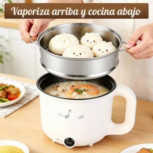 Vista 2 de Olla caliente eléctrica con vaporizador, cocina de fideos rápidos, olla caliente eléctrica interior de cerámica portátil de 1.8L