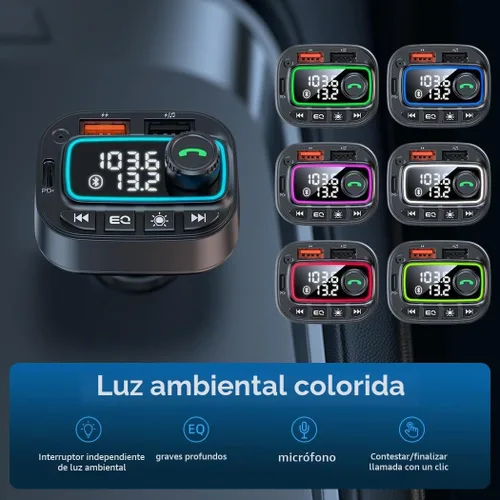 Vista 4 de Adaptador de coche Bluetooth 5.3 Transmisor FM, 42 W (PD30W y 12 W), cargador de coche USB C, receptor de radio inalámbrico, llamadas manos libres