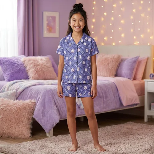 Vista 2 de KPop Demon Hunters - Conjunto de pijama para niñas, 2 piezas con botones, manga corta y pantalones cortos, ropa de dormir suave, producto