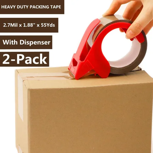 Vista 2 de CHUANGSEED 2 paquetes de cinta de embalaje marrón con dispensador - 2.7 mil x 1.9 pulgadas x 55Y Cinta de embalaje resistente para cajas de mudanza