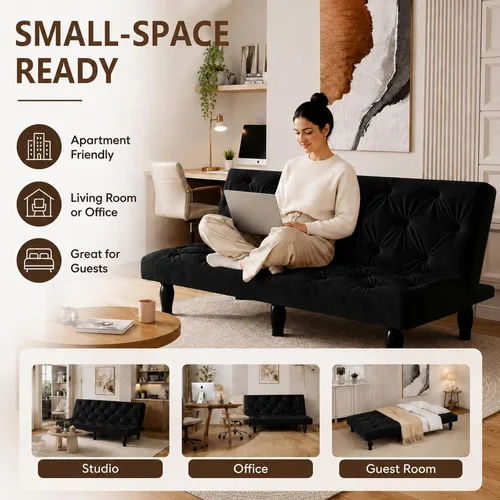Vista 6 de Anwick Sofá cama futón 3 en 1, sofá cama de terciopelo de 66 pulgadas con respaldo ajustable, sofá reclinable multifuncional para espacios pequeños
