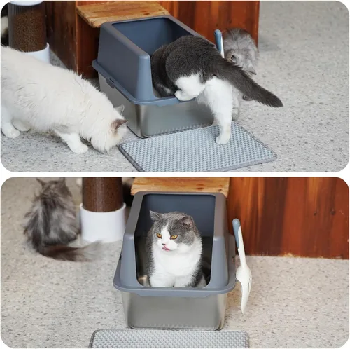 Vista 9 de Caja de arena para gatos de acero inoxidable, bandeja de arena de metal cubierta, bandejas de arena para gatos con lados altos, caja de arena