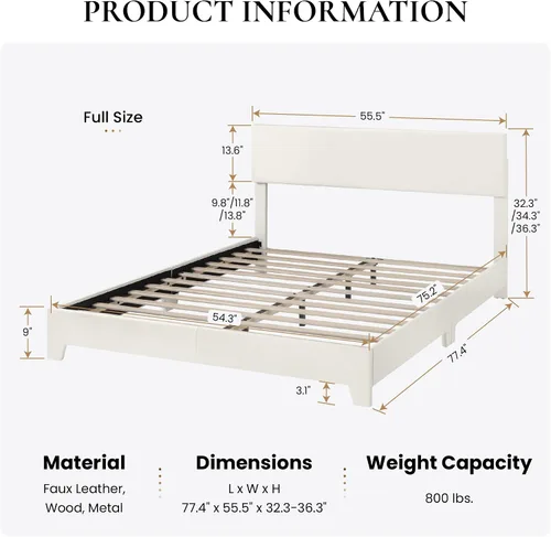 Vista 2 de SHA CERLIN Base de cama tamaño completo con cabecera ajustable, plataforma tapizada de piel sintética con listones de madera, base de colchón Blanco