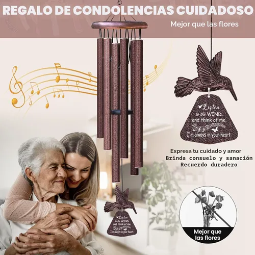 Vista 2 de Campanillas de viento de condolencias con hilandero de viento de colibrí, campanillas de viento conmemorativas para la pérdida de un ser querido