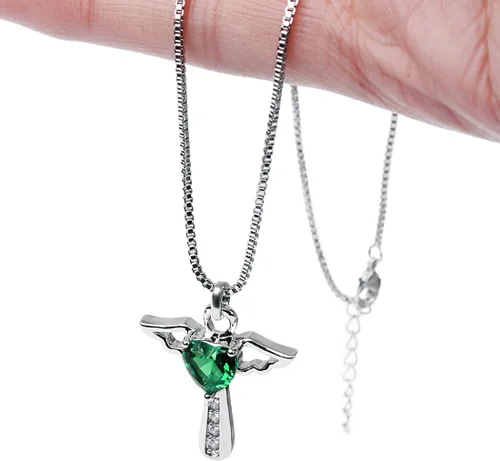 Vista 5 de Collar con dije de corazón y piedra natal de ángel, para mujer, circonita cúbica, ala de ángel, dije de corazón, regalo para San Valentín, cumpleaños