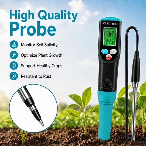 Vista 5 de Medidor digital EC de suelo 2 en 1 plantas porfesionales medidor de temperatura EC con sensor con cable, pantalla LCD retroiluminada, compensación
