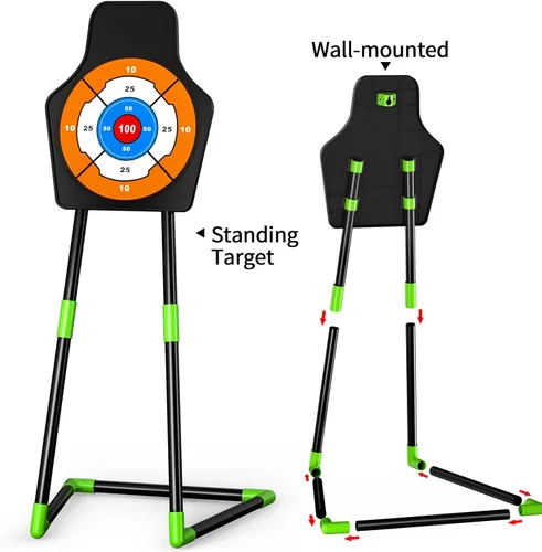 Vista 6 de TEMI Juego de arco y flecha para niños con luces LED, juego de tiro con arco con 10 flechas de ventosa, carcaj y objetivo de pie, juguetes al aire