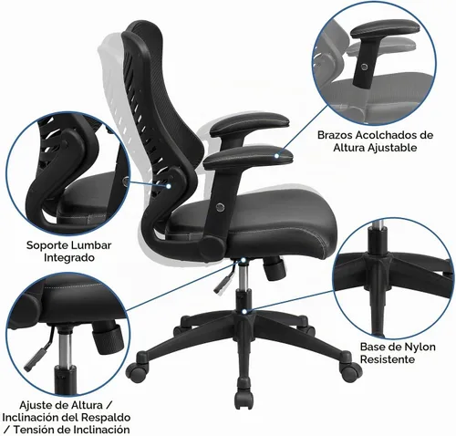 Vista 5 de Flash Furniture Kale Silla de oficina ergonómica giratoria ejecutiva de malla negra con asiento LeatherSoft y brazos ajustables Cuero negro