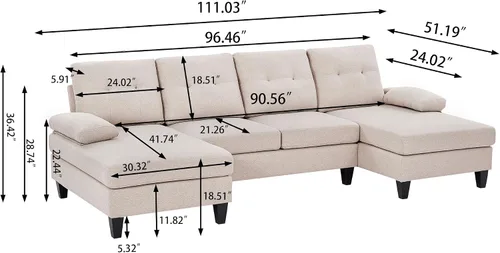Vista 2 de Sofá modular de 111 pulgadas para sala de estar, sofá en forma de U de 4 plazas con doble diván de fibra de poliéster, beige