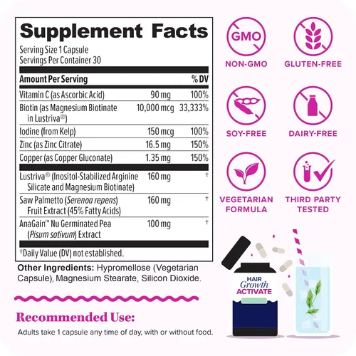 Vista 2 de Lustriva Suplemento para el Crecimiento del Cabello para Mujeres Lustriva y Vitaminas Bloqueadoras de DHT para Cabello Más Grueso y Abundante