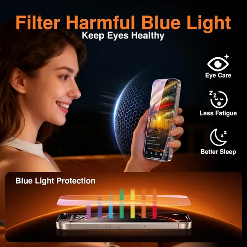 Vista 2 de SMARTDEVIL - Paquete de 2 protectores de pantalla para iPhone 16 Pro, antiluz azul Eye Protection & Reduce Eye Strain, 9H Tempered Glass with Auto