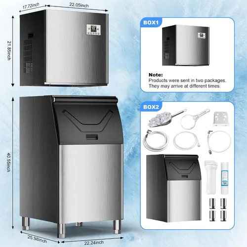 Vista 2 de Máquina comercial para hacer hielo de 450 libras/24 horas, 250 libras de almacenamiento grande dividida para negocios, 156 cubos en 7-15 minutos
