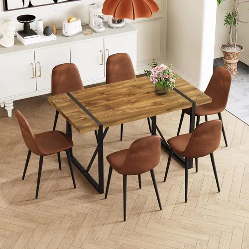 Vista 10 de Juego de mesa de comedor rústica de 5 piezas para 4 personas, mesa de comedor rectangular de madera moderna de mediados de siglo de 55 pulgadas