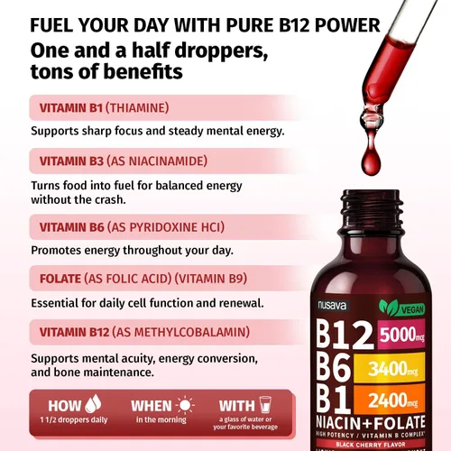 Vista 3 de NUSAVA Vitamina B12 5000mcg con gotas líquidas B6 y B1, cereza negra