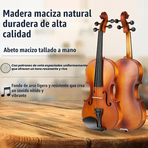 Vista 2 de Violín Mendini de madera sólida, libro de lecciones, cuerdas extra, sintonizador violín, arco y estuche