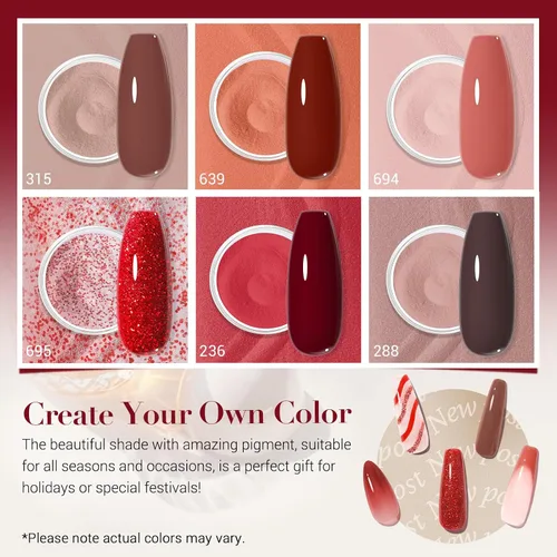 Vista 6 de AZUREBEAUTY Polvo de uñas de inmersión, kit de iniciación de 6 colores con purpurina marrón y roja, arte de uñas francesa, manicura de bricolaje