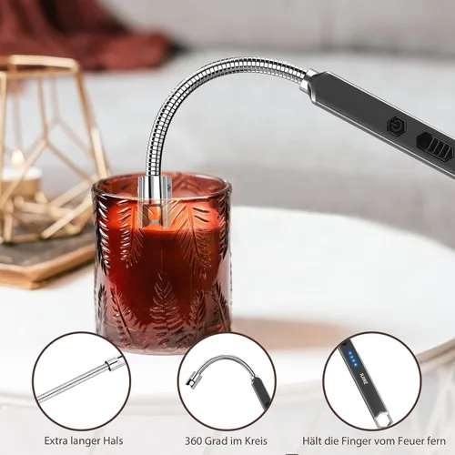 Vista 4 de Encendedor eléctrico de vela recargable USB C de plasma con cuello flexible de 360° resistente al viento para velas profundas, estufa de gas
