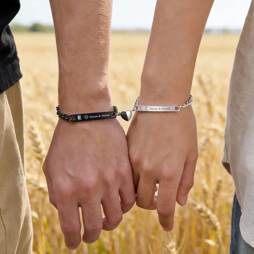 Vista 2 de MEALGUET Pulseras a juego para parejas para hombres y mujeres: juego de pulseras de cadena de eslabones cubanos de acero inoxidable para novio