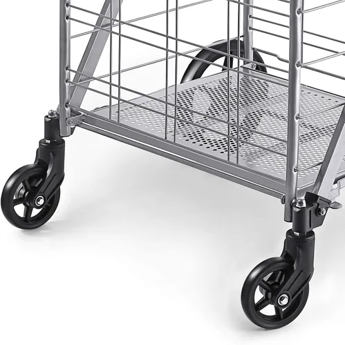 Vista 9 de Wellmax Carrito de comestibles plegable con ruedas, carrito utilitario de metal resistente con parte inferior de malla, cesta trasera adicional