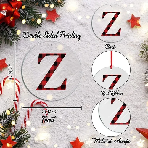Vista 3 de Adorno colgante de Navidad, monograma personalizado, letra Z, recuerdo del árbol de Navidad, a cuadros, rojo y negro, adorno acrílico a cuadros