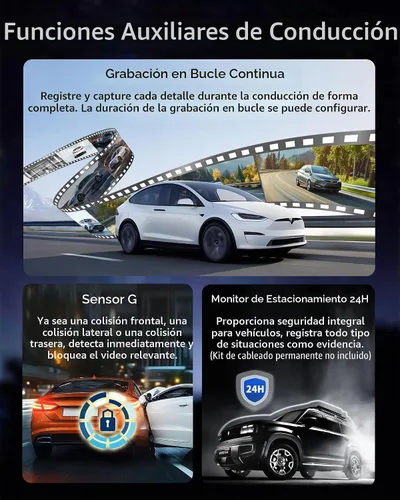Vista 7 de Cámara de espejo retrovisor de 12'' con CarPlay y Android Auto, cámara de tablero de 4K, cámara frontal y trasera con asistencia de marcha