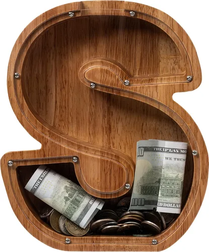 Vista 22 de Alcancía para niños y niñas, alcancía de madera con letra grande del alfabeto con inicial A, banco de monedas, regalos divertidos para cumpleaños