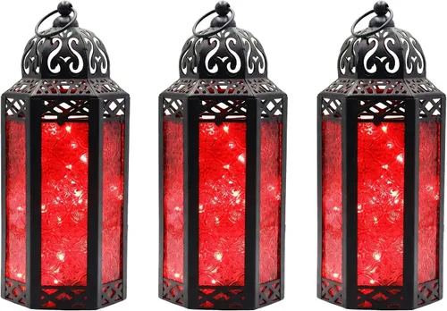 Vista 15 de VELA LANTERNS Juego de 2 portavelas decorativos de LED con luces de hadas de 12" de metal marroquí para colgar o mesa, decoración del hogar