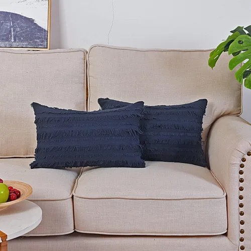 Vista 30 de GYROHOME Paquete de 2 fundas de almohada de algodón y lino, fundas de cojín decorativas, diseño de borlas, fundas de cojín modernas con flecos Beige