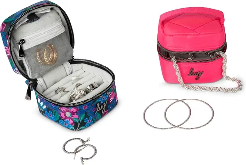 Vista 8 de Lug Swizzle - Mini joyero de viaje, organizador compacto con rollos de anillo, soporte para aretes, bolsa para collar y cierre de cremallera, negro