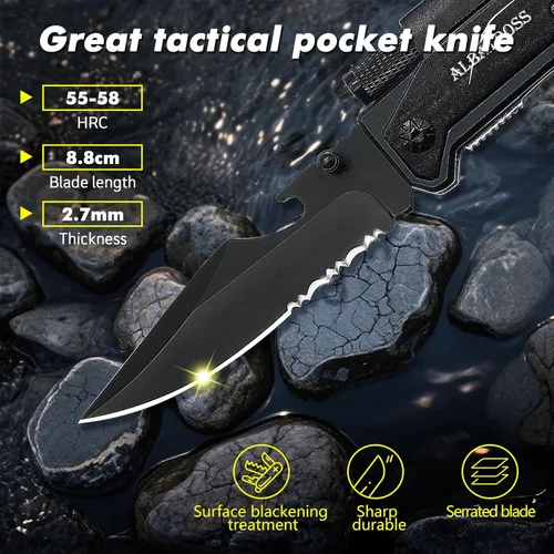 Vista 3 de Cuchillo táctico de supervivencia 7 en 1 - Rompe cristales, cortador de cinturón, hoja de acero serrada, encendedor, linterna LED, abridor