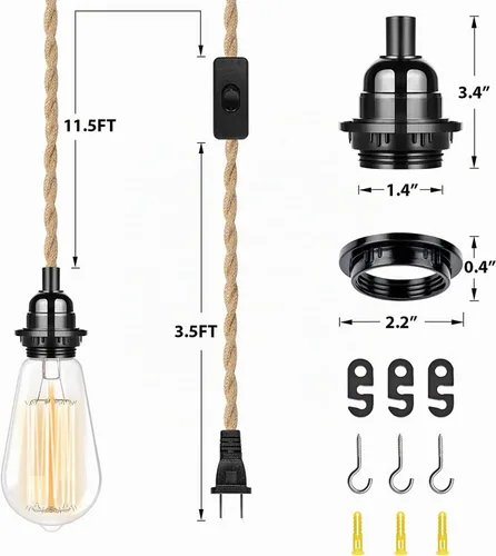 Vista 4 de Lámpara colgante industrial con cable enchufable, interruptor de encendido/apagado de cuerda de cáñamo, lámpara colgante de granja para comedor